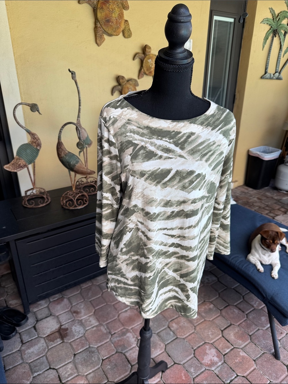 Chico's Olive Green and Cream Abstract Stripe Long Sleeve Top